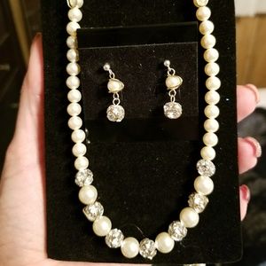 Faux pearls and rhinestone necklace and earrings